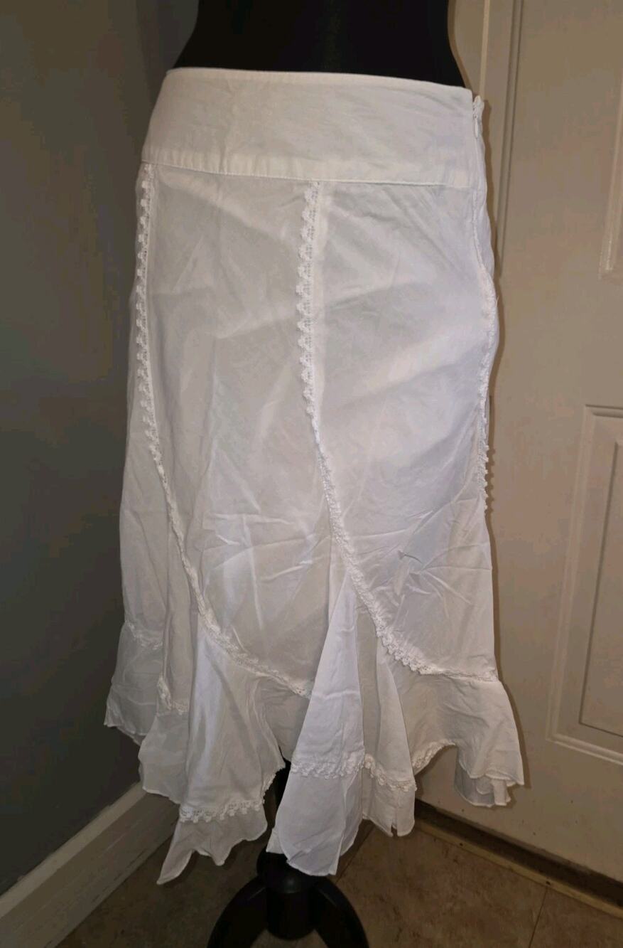 Vtg A.N.A White Asymmetrical Hem Skirt Cotton Lace Detailing Boho Soft Girl 10
